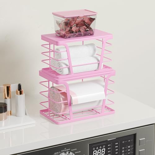 TIDIIABODE 2 Pack Pink Trash Bag Holder - Stackable Garbage Bag Dispenser with Bamboo Top, Kitchen Accessories & Decor, Wall Mount Storage for Kitchen, Home, Bathroom Decor & Gifts - color: 2-Pack-L&S-Pink