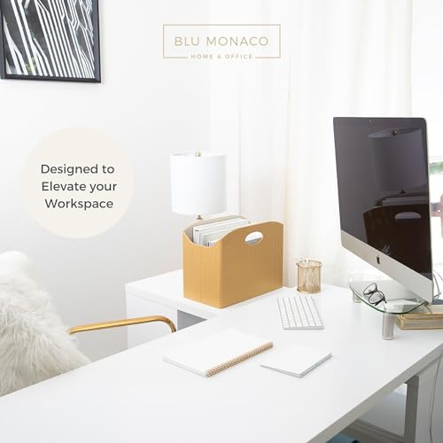 BLU MONACO | Gold Magazine Holder | Woven PVC Leather Organizer with MDF Frame | Floor or Table Storage for Home Office Bathroom | Large Capacity Vertical File Basket - color: Gold