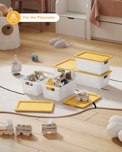 EOENVIVS Storage Bins Bakets with Lids 6 Pack, Stackable Organizer Bins for Small Spaces, Pantry, Closet & Bathroom, Secure Snap Lids, 11x7x5 Plastic Storage Containers for Shelf Organization, White - color: White+Yellow
