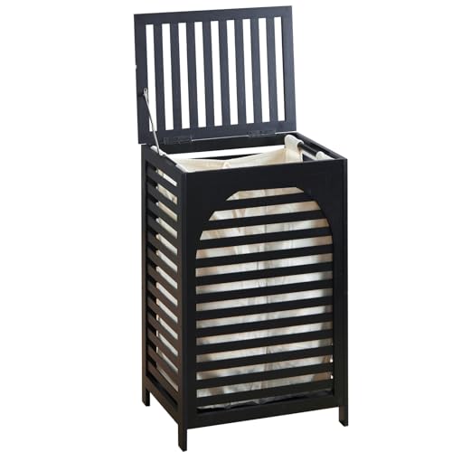 Laundry Hamper with Lid,Bamboo Large Waterproof Clothes Laundry Basket,Removable Washing Bags with Handles,clothes basket (Black) - color: Black