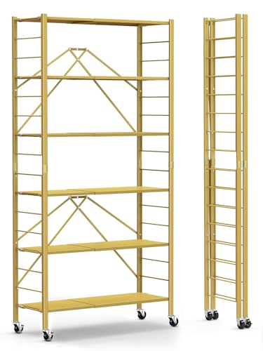 Himix 6 Tier Foldable Storage Shelves, Expandable Folding Bookshelf with Wheels, Changeable into 2 Shelf Units, Collapsible Adjustable Storage Rack Metal Shelves for Garage Kitchen, Basement, Gold - color: Gold, size: 6-Tier