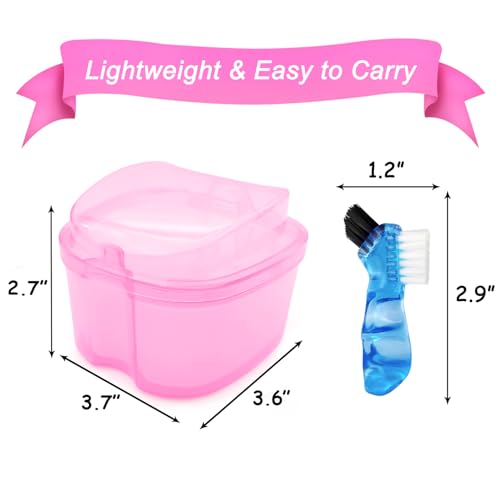 Denture Bath Case Denture Soaking Cup with Brush, Denture Holder Case Retainer Cleaning Case False Teeth Storage Box for Travel and Daily Use - color: Light Pink