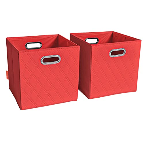 FH Group JIAessentials 13" Faux Leather Foldable Storage Cube Bins Set of 2 – Red Diamond Patterned Organizers with Handles for Closet & Shelves - color: Red, size: Large