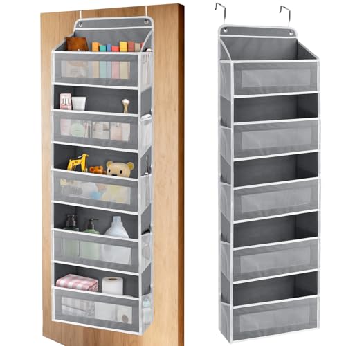 Over The Door Storage Organizer with 5 Extra Large Pockets & Side Mesh Pouches, Hanging Closet Door Organizer for Bedroom, Pantry, Nursery, Anti-Tilt Design, Fits 1.6" Doors-Dark Gray - color: Dark Gray