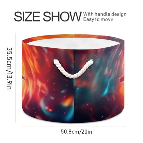 Basketball Print Round Storage Basket Abstract Fire Sports Ball Large Laundry Hamper 20 x 20 x 14 Inches Organizer Bin with Handles Clothes Storage Bag for Nursery Bedroom Living Room Decor - color: Orange