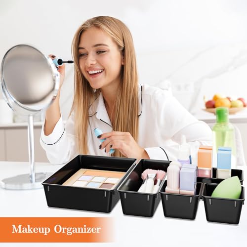 SpaceHacks 25 PCS Plastic Drawer Organizer Set, 4-Size Versatile Organizer Trays & Storage Bins for Makeup, Jewelry, and Gadgets in Bathroom, Bedroom and Office, Black - color: Black