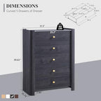 IFGET Modern 5 Drawer Dresser for Bedroom, Wooden Chest of Drawers with Curved Profile Design, 39.6" Tall Wood Dresser with Golden Metal Handle for Bedroom, Living Room, Hallway, Dark Grey - color: Dark Grey