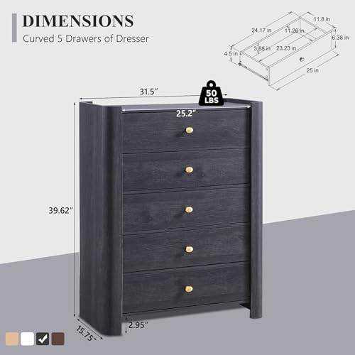 IFGET Modern 5 Drawer Dresser for Bedroom, Wooden Chest of Drawers with Curved Profile Design, 39.6" Tall Wood Dresser with Golden Metal Handle for Bedroom, Living Room, Hallway, Dark Grey - color: Dark Grey
