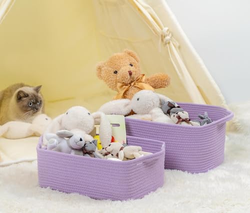 CubesLand Cute and Durable Small Cotton Rope Basket for Organizing, Woven Closet Storage Bin,Shelves Closet Storage Basket, Bathroom Storage Organizer Bin, Nursery Toy Basket Bin, Purple Basket - color: Purple, size: 14''x10''x5''