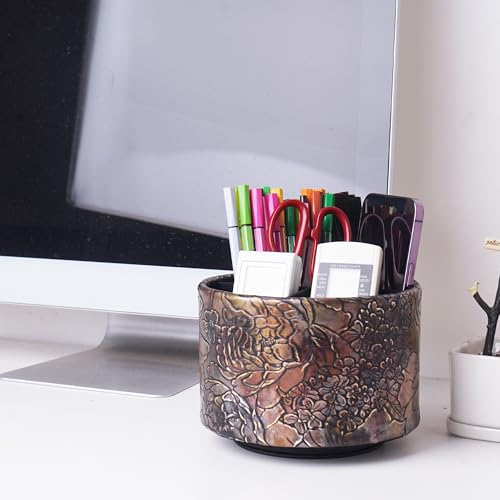 Round Leather Art Supply Organizer,Remote Control Holder,360 Degree Spinning,Multi-Functional Pencil Holder,4 Compartments Desktop Stationary Organizer(1-Rich Flower Gold) - color: 1-Rich Flower Gold