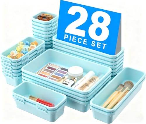 A-LuGei 【𝟮𝟴𝗣𝗖𝗦】 【𝟱𝗦𝗶𝘇𝗲】 BlueGreen Drawer Organizer, Makeup organizer, 【Holds 177 Items】 Bathroom Organizers and Storage, Plastic Desk Organizer Divider, Organizer Bins for Office Vanity - color: Light Blue