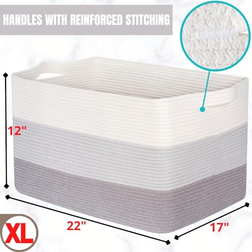 MINTWOOD Design 22in Extra Large Blanket Basket Holder Living Room, Rectangle Rope Woven Storage Basket with Handles for Laundry, Pool Towels, and Shoes, Dog Toy Organizer Bin Box, 3-Tone Light Gray - color: 3-Tone Light Gray