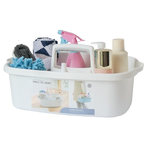Cleaning Supplies Caddy, Large Plastic Shower Caddy Basket with Handle, Portable Cleaning Tool Storage Tote for Dorm, Bath, Pantry (grey, White, blue) (White) - color: White