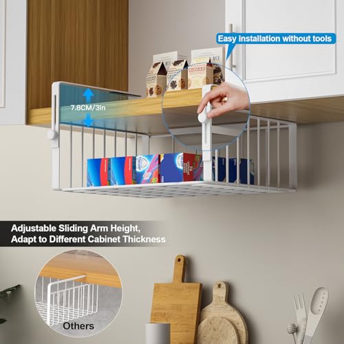 AmonHouseware 2Pack Under Shelf Basket Organizer,Adjustable Hanging Holder Storage for Cabinet Pantry Kitchen Cupboard Desk Counter Bookshelf Organization Add-on Space Saver Heavy Duty Slide-in,White - color: White