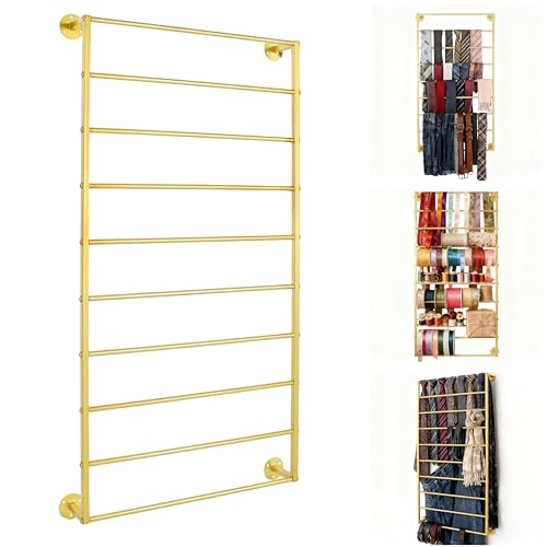 10-Layer Wall Mounted Display Rack, Tie & Scarf Rack Belt Towel Holder Wrapping Paper Ribbon Organizer Metal Shelving Scarves Belts Necktie Hijab Stand for Home, Retail Stores, Flower Shop - color: Gold, size: L: 23.6 in, H: 47.2 in