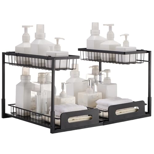 VEVOR Pull Out Cabinet Organizer, 2 Tier Under Sink Organizer and Storage(10.7"W x 14.2"D ), Slide Out Drawer Cabinet Organizer, Wire Basket Sliding Shelf for Kitchen Bathroom Cabinet, Black (2 Pack) - size: 10.7"W x 14.2"D (2 Pack)