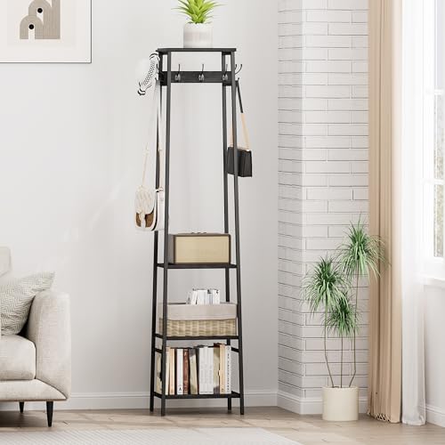 Coat Rack Freestanding, Coat Stand with 3 Shelves and 7 Hooks, Hall Tree Free Standing, Clothes Rack Stand Organizer for Bedroom, Hallway, Entryway, Living Room, Industrial Style, Black - color: Black, style: 3 Shelves