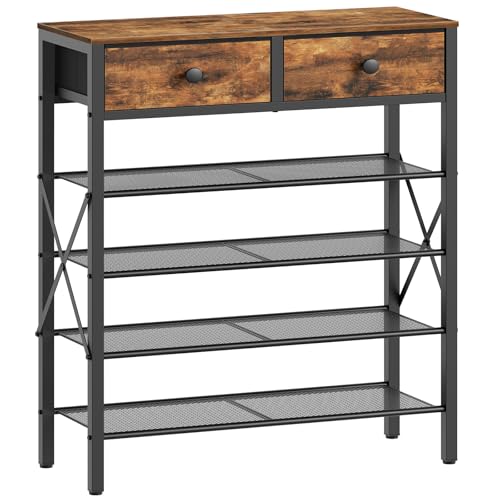 YATINEY 5 Tier Shoe Rack, Large Capacity Shoe Storage Organizer, Metal Shoe Shelf with Drawer and Wooden Top, for 20 Pairs of Shoes, for Entryway, Closet, Rustic Brown and Black SS25BRY1N1 - color: Rustic Brown + Black, size: 27.7" x 10.8" x 37.7"