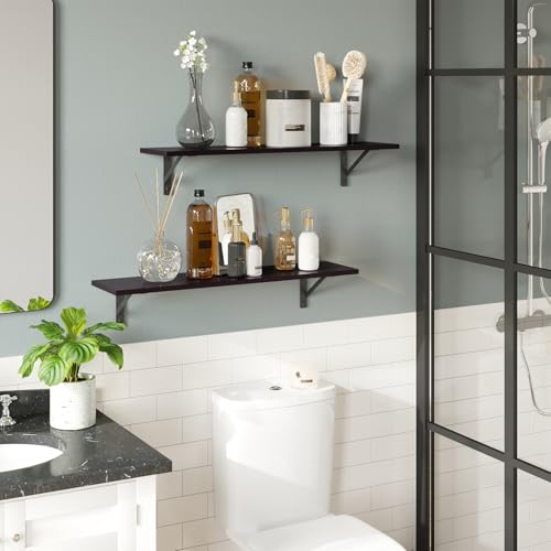 DINZI LVJ Long Wall Shelves, 23.6 Inch Wall Mounted Shelves Set of 2, Easy-to-Install, Storage Ledges with Sturdy Metal Brackets for Living Room, Bathroom, Bedroom, Kitchen, Espresso - color: Espresso, size: 23.6 Inch
