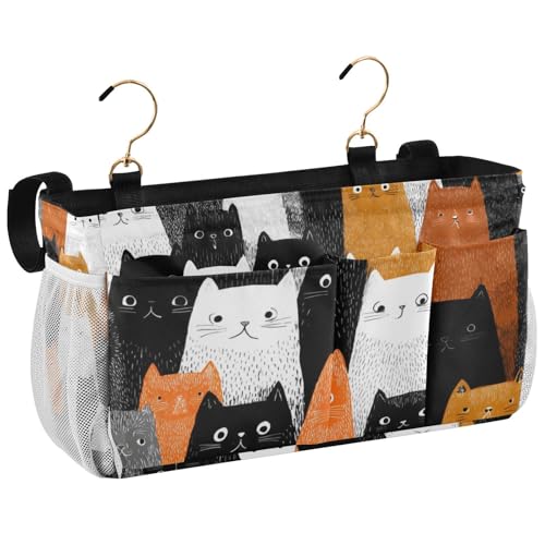 Bedside Caddy Hanging Bunk Bed Caddy Bed Organizer Hanging Pocket with 2 Hooks Bedside Storage Organizer Pocket Bag Holder Black and White Orange Cat - color: Black and White Orange Cat
