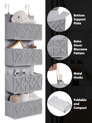 Macrame Over the Door Organizer Boho Decor Nursery Storage, Leaf Weaving Closet Storage, 4 Hanging Pockets, Behind Door for Bathroom, Bedroom,Grey - color: Grey