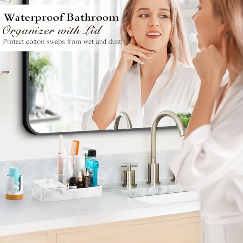Luxspire Bathroom Counter Organizer, Marble Toothbrush Holder for Bathroom 6 Slot, Bathroom Vanity Organizer with Lid, Bathroom Organizer Countertop for Cotton Ball, Q-Tips, Floss, Gravel White - color: Gravel White, size: 6 slots