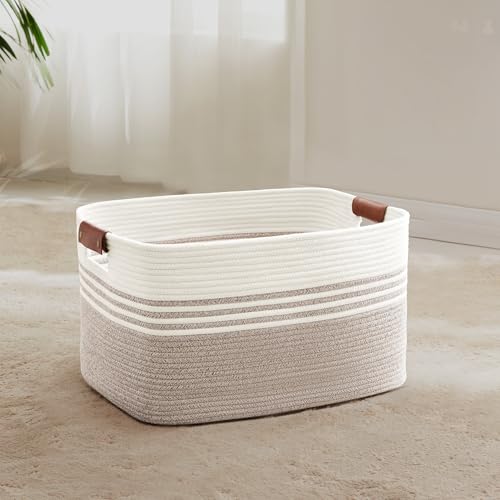 45L Small Laundry Basket with Leather Handles for Living Room Storage, Woven Rope Baskets Bin for Blanket, Kids Toy, Gifts, Wicker Hamper for Bedroom Dirty Clothes, 18"x14"x11" White Brown - color: Brown, size: 45L