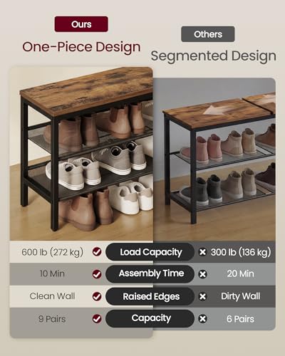 VASAGLE 3 Tier Shoe Rack Bench, One Piece Shelves, Shoe Storage Organizer with Raised Edges, Industrial Style, Easy Assembly, 11 x 29.5 x 19.7 Inches, Rustic Brown and Matte Black ULSB070KD01S - color: Rustic Brown + Matte Black, size: 29.5"W