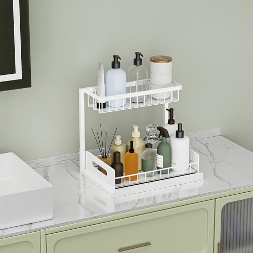 VUSIGN Under Kitchen Sink Organizer 2 Tier, Pull Out Bathroom Sink Organizers and Storage, Cabinet Kitchen Bathroom Storage Organization Shelf, 1 Pack White