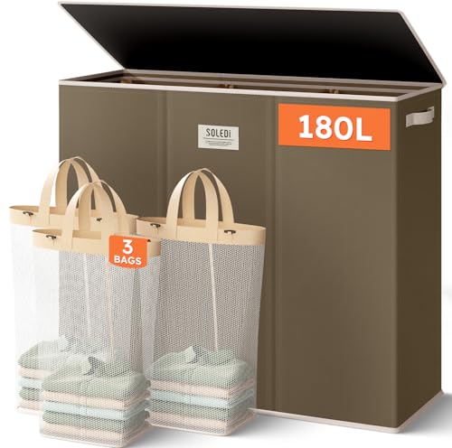 SOLEDI 180L 3-Section Laundry Hamper with Lid, Extra Large Dirty Clothes Basket with Sturdy Handles for Laundry Room & Bedroom - Durable Organizer for Sorting Laundry - color: Chocolate Brown, size: 180L