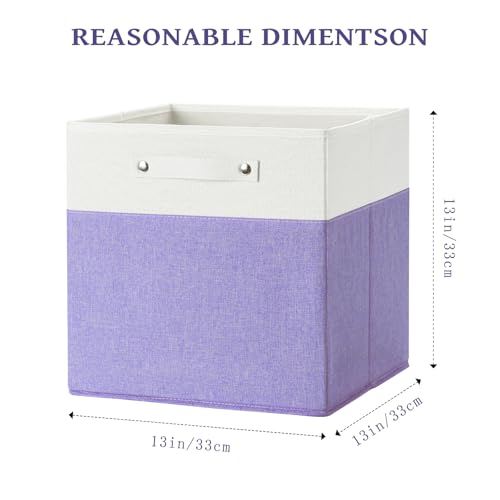 FinishingBo 13 x 13 Inch Fine Linen Storage Bins with Handles，Fabric Cube Boxs，Basket Organizers for Shelves for Home, Closet Drawers (White/Purple-6 Pack) - color: White/Purple-6 Pack