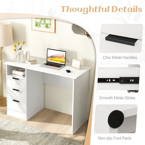 Giantex White Desk with Drawers, Modern Computer Desk with Charging Station, PC Laptop Table Computer Workstation with Storage, Makeup Vanity Table, Writing Desk for Bedroom