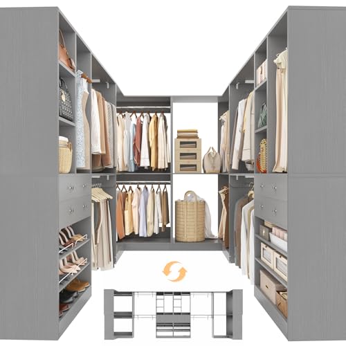Besiost Closet System with 4 Drawers & Corner Tower, Closet Organizer System with 10 Hanging Robs, Reversible U Shaped Walk-in Closet System, Load 3600+LBS Capacity, Set of 4, Morandi Grey - color: Morandi Grey, size: 181" * 31.5"