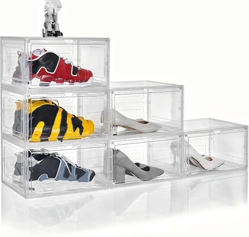 Clear Shoe Box Plastic Stackable Upgraded 6 Pack Shoe Storage Box Organizer with Clear Large Magnetic Door for Display Sneakers Easy Assembly, White - color: White clear, size: L-6-pcs-Large magnetic door