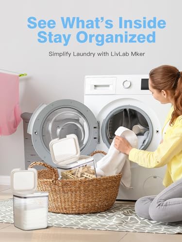LivLab Mker 4 Pack Laundry Detergent Dispenser with One-Press Lid, Clear PET Powder container with Measuring Cup, Pods container set of 4 - color: 2.2l-w