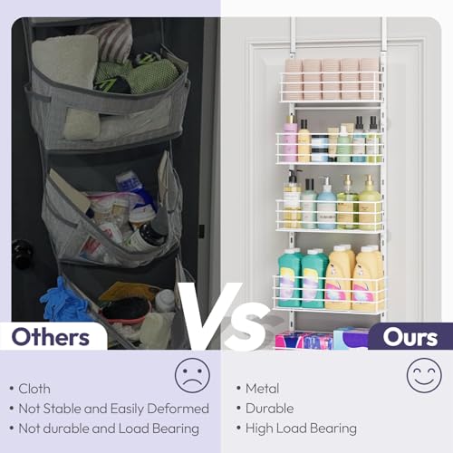SWTYMIKI Over The Door Organizer - Door Organizer Hanging with 5 Adjustable Metal Large Capacity Basket and 6 Coat Hook, Wall Mounted Shelf for Bedroom Closet Bathroom Laundry Pantry Cabinet Kitchen - color: White