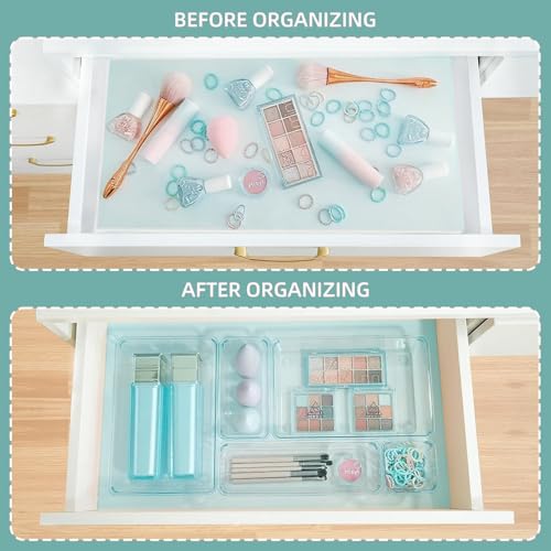 Kitchen Desk Drawer Organizers Storage for Office, Small Acrylic Vanity Trays Makeup Organizer for Drawer Bathroom Plastic Make up Organizers 25 Pcs Clear Blue - color: Clear Blue