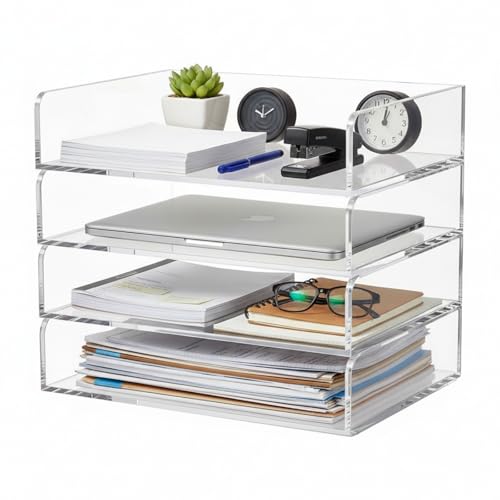 Harloon 4 Tier Paper Organizer Letter Tray Acrylic Desk File Organizer Heavy Duty Stackable Documents Clear Letter Paper Holder Sorter Office Tray for A4, Office Classroom Home File Pad Notebooks - color: Transparent, size: 12.4 x 8.7 x 2.7 Inches
