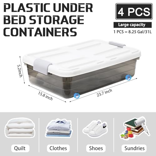 Beeveer 4 Pcs Plastic Under Bed Storage Containers with Lid Wheel Handle, Transparent Large Capacity Stackable Latching Storage Bins for Closet Bedroom Clothes Shoes (Brown,23.7 x 15.8 x 5.2) - color: Brown