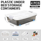 Beeveer 4 Pcs Plastic Under Bed Storage Containers with Lid Wheel Handle, Transparent Large Capacity Stackable Latching Storage Bins for Closet Bedroom Clothes Shoes (Brown,23.7 x 15.8 x 5.2) - color: Brown