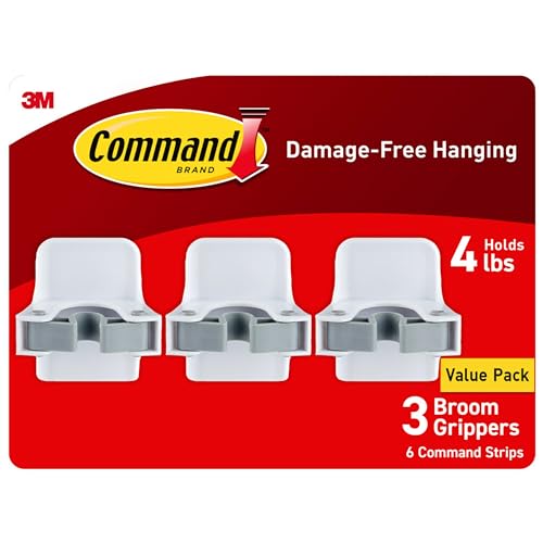 Command Broom Grippers, 3 Hangers and 6 Strips, Damage-Free Mop and Broom Holder Wall Mount, Household Cleaning Tool Organizer for Kitchen, Laundry Room, Closet, Holds up to 4 lb - size: Large