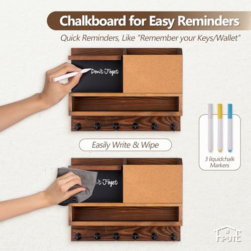 Key Holder for Wall Mount with Mail Organizer, Farmhouse Key Holder for Wall with Shelf, Chalkboard&Corkboard, Entryway Organizer 11 Metal Hooks, Decorative Natural Pine Wood, 14.6*11.1*3.3”, B-Brown - color: Brown-b
