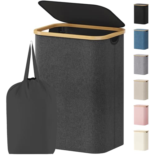 Lifewit 80L Laundry Basket with Lid, Clothes Hampers for Laundry with Bamboo Handles and 1 Removable Bag, Large Foldable Laundry Hamper for Bedroom, Bathroom, Dorm, Laundry Room, Dark Gray - color: Dark Gray, size: 80L