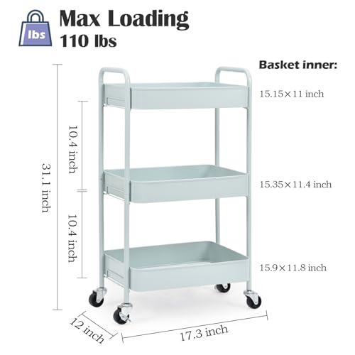 TOOLF 3-Tier Rolling Cart - Metal Utility Storage Organizer with Lockable Wheels, 33 lbs Per Shelf, Tool-Free 5-Min Assembly, for Kitchen Bathroom Office Nursery Craft Room, Green - color: Green, size: 3-Tier