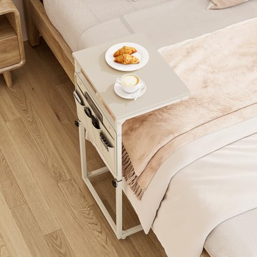 Vagusicc C Shaped End Table, 32'' Tall Side Table for Couch, Adjustable Height Small Couch Side Table for Small Spaces, End Table Slide Under Sofa Table TV Tray Table Arm Table for Living Room - color: Cream White