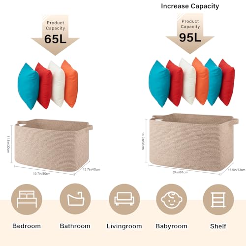 65L Cotton Rope Large Blanket Basket (19.7"x15.7"x11.8") for Living Room, Kids Room & Laundry, Storage Basket with Handle for Organizing Blankets, Pillows, Clothes & Toys, Brown - color: Brown, size: 19.7"x15.7"x11.8"
