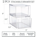 STORi Audrey Stackable Clear Bin Plastic Organizer Drawers | 2 Piece Set | Organize Cosmetics and Beauty Supplies on a Vanity | Made in USA - size: 4.5" Tall Set
