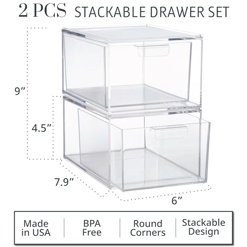 STORi Audrey Stackable Clear Bin Plastic Organizer Drawers | 2 Piece Set | Organize Cosmetics and Beauty Supplies on a Vanity | Made in USA - size: 4.5" Tall Set