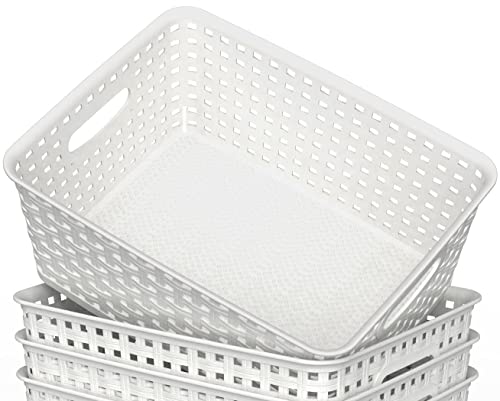 WYT Woven Plastic Storage Baskets, 6 Pack White Weave Bins Organizer, 10.1" x 7.55" x 4.1" - color: White, size: 6-Pack
