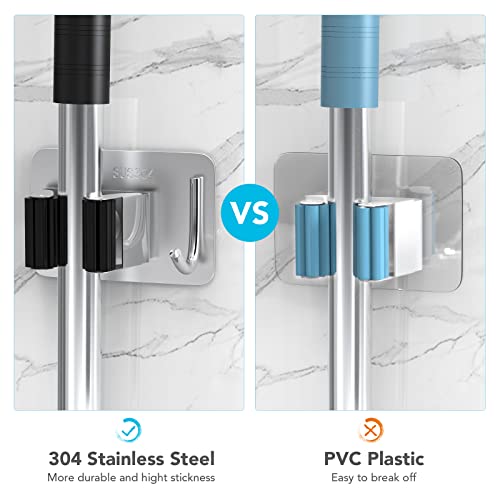 homeasy Mop Broom Holder No Drill, Mop Broom Organizer Wall Mounted Heavy Duty with Hooks Hanger, Self Adhesive Stainless Steel 4Pcs for Bathroom, Kitchen, Office (Multicolor) - color: Silver Mix